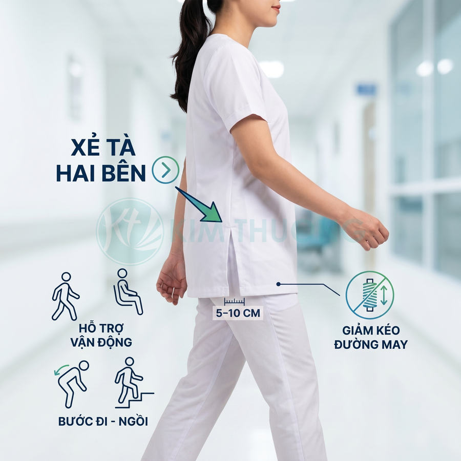 Đồng phục y tá màu trắng xẻ tà hai bên hỗ trợ vận động khi đi lại và ngồi