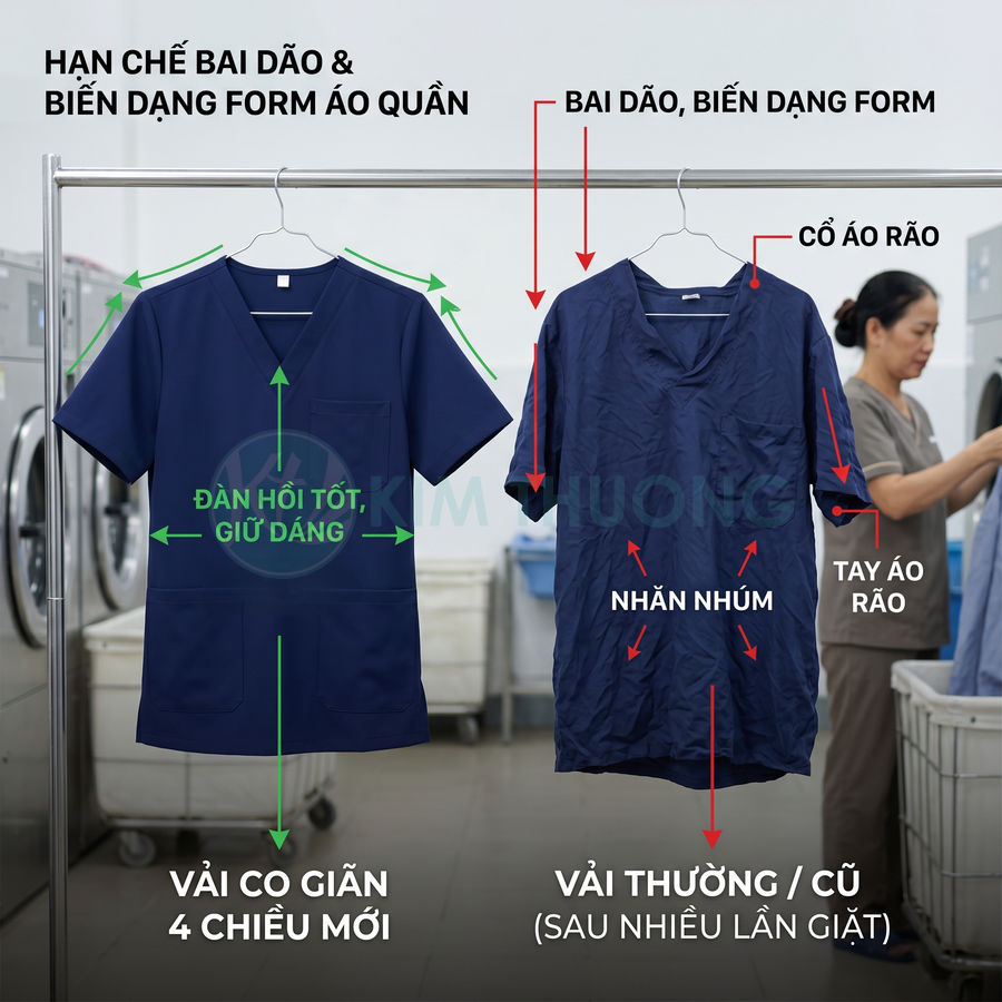 So sánh áo blouse vải co giãn 4 chiều mới phẳng phiu với áo vải thường cũ nhăn nhúm sau nhiều lần giặt trong tiệm giặt ủi