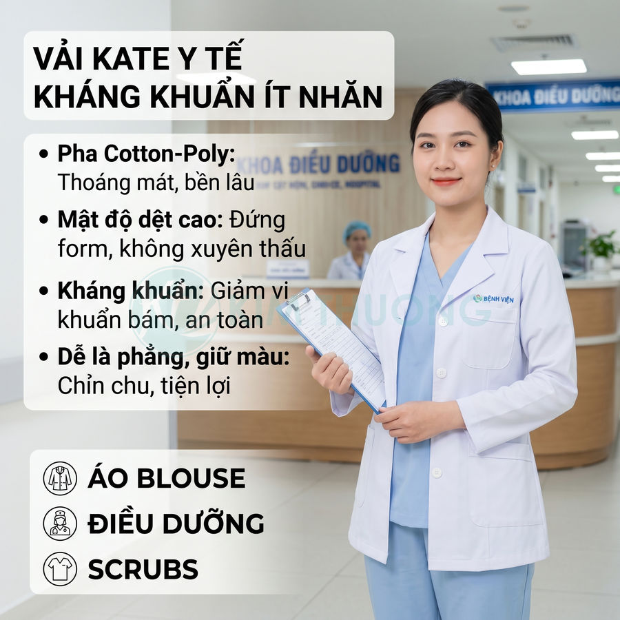 Áo blouse điều dưỡng vải kate y tế kháng khuẩn ít nhăn, thoáng mát, đứng form, dễ là phẳng giữ màu lâu bền