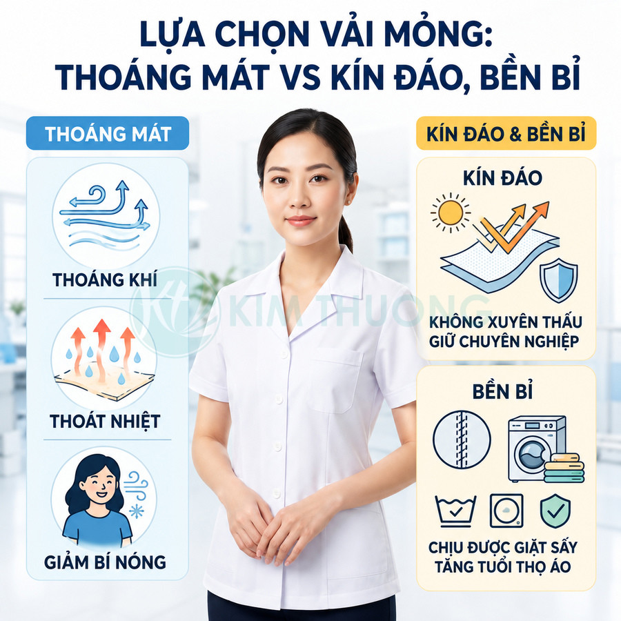 Nhân viên nữ mặc áo blouse trắng giới thiệu ưu điểm vải mỏng thoáng mát và kín đáo bền bỉ cho đồng phục y tế