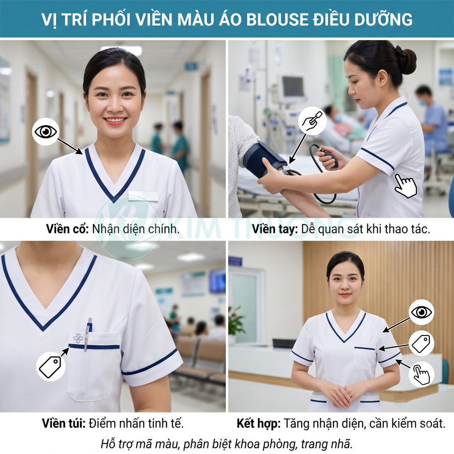 Áo blouse điều dưỡng trắng viền xanh ở cổ tay và túi, thiết kế giúp tăng nhận diện và phân biệt khoa phòng
