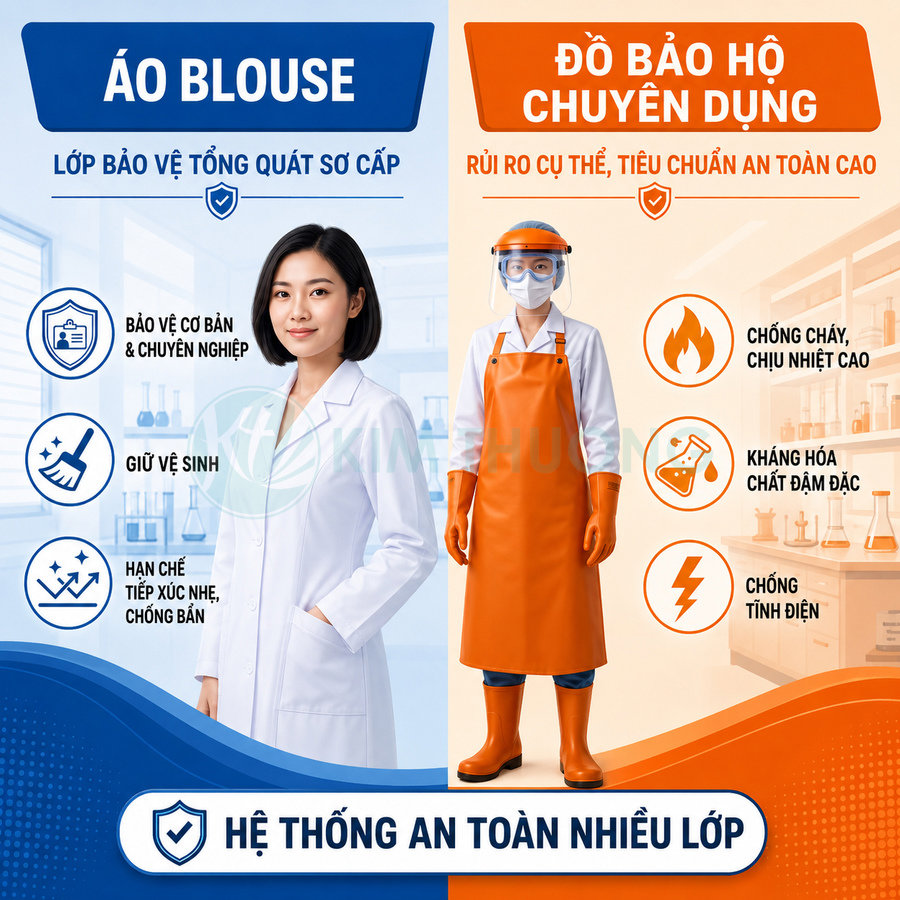 Áo blouse trắng và đồ bảo hộ chuyên dụng màu cam cho phòng thí nghiệm hệ thống an toàn nhiều lớp