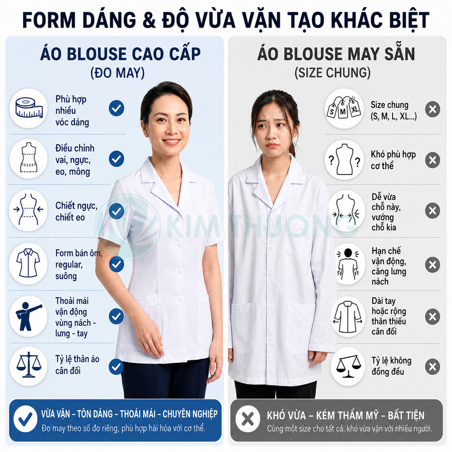 So sánh áo blouse cao cấp đo may vừa vặn với áo blouse may sẵn size chung cho nhân viên y tế