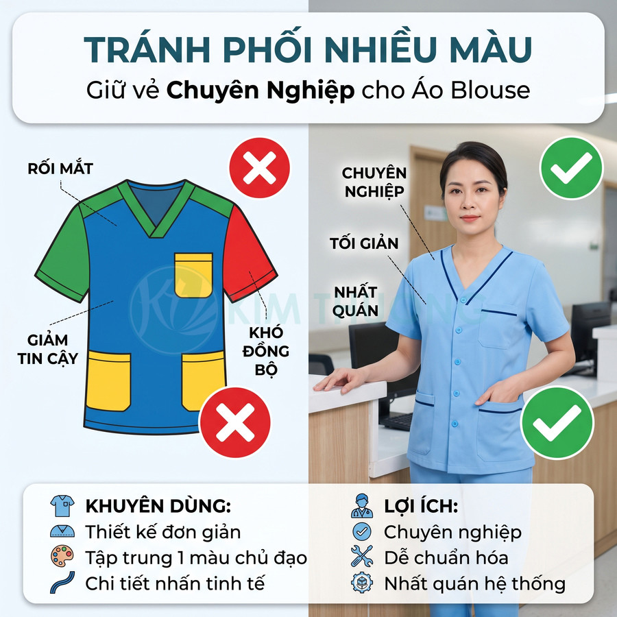Nhân viên y tế mặc bộ scrub xanh dương đơn giản tối giản, thiết kế áo blouse chuyên nghiệp tại quầy tiếp đón