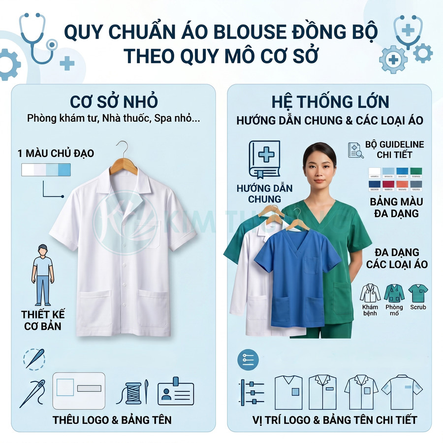 Quy chuẩn áo blouse đồng phục cho cơ sở y tế nhỏ và hệ thống lớn với nhiều kiểu áo và màu sắc khác nhau