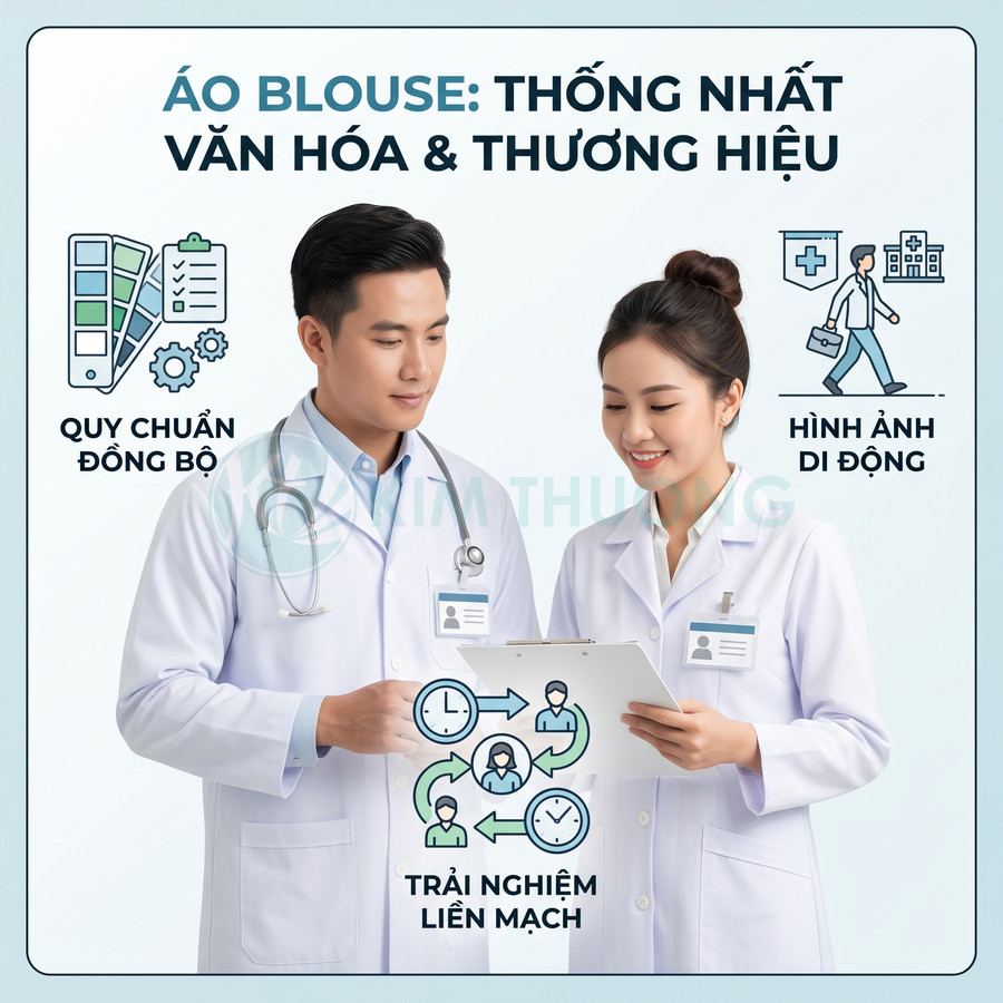 Hai bác sĩ mặc áo blouse trắng xem hồ sơ bệnh án, nhấn mạnh đồng phục y tế chuyên nghiệp