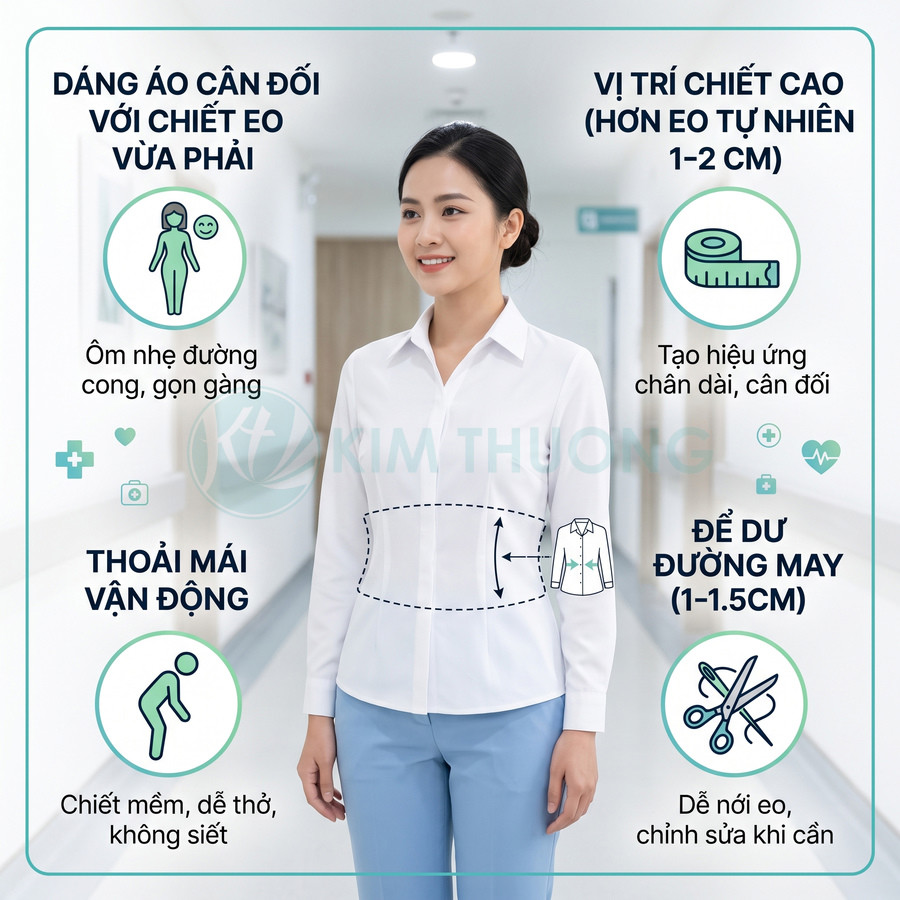 Nữ nhân viên y tế mặc áo blouse trắng chiết eo vừa phải và quần xanh nhạt trong hành lang bệnh viện