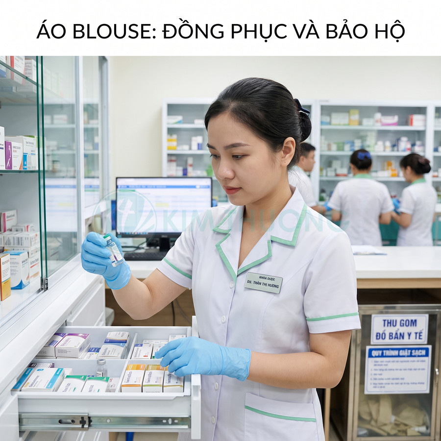 Dược sĩ mặc áo blouse trắng viền xanh đang lấy thuốc từ ngăn kéo trong nhà thuốc hiện đại