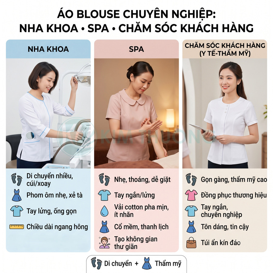 Mẫu áo blouse đồng phục cho nha khoa spa và chăm sóc khách hàng nữ, thiết kế tay ngắn gọn gàng thanh lịch