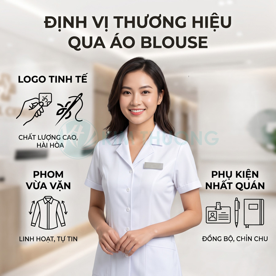 Nữ nhân viên y tế mặc áo blouse trắng thiết kế vừa vặn, logo tinh tế, phụ kiện đồng bộ chuyên nghiệp