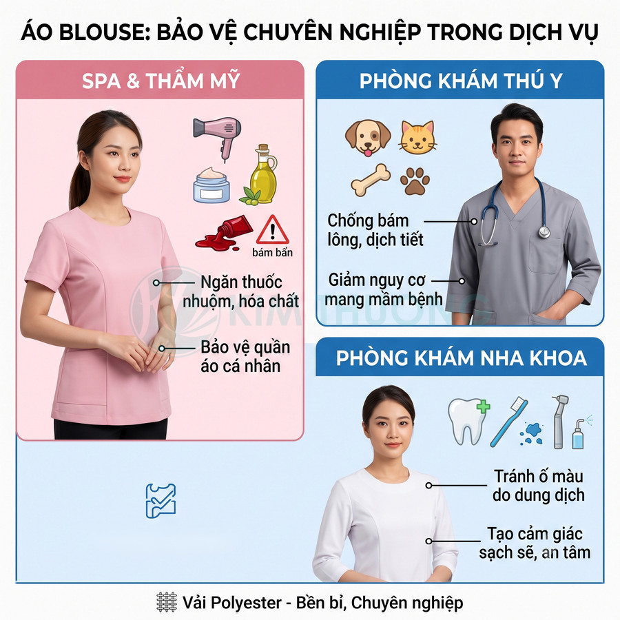 Áo blouse vải polyester cho spa, phòng khám thú y và nha khoa, chống bám bẩn hóa chất, lông thú, dung dịch, tạo cảm giác sạch sẽ