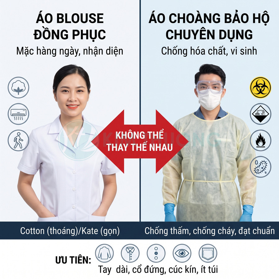 Áo blouse đồng phục màu trắng và áo choàng bảo hộ chuyên dụng chống hóa chất, vi sinh vật