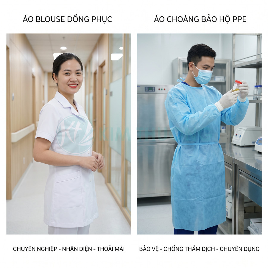 Áo blouse y tá trắng và áo choàng bảo hộ y tế PPE xanh cho nhân viên bệnh viện