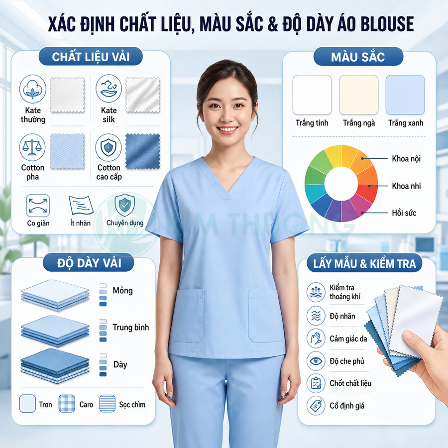 Nữ nhân viên y tế mặc bộ scrub xanh nhạt đứng giữa bảng hướng dẫn chọn chất liệu và màu áo blouse