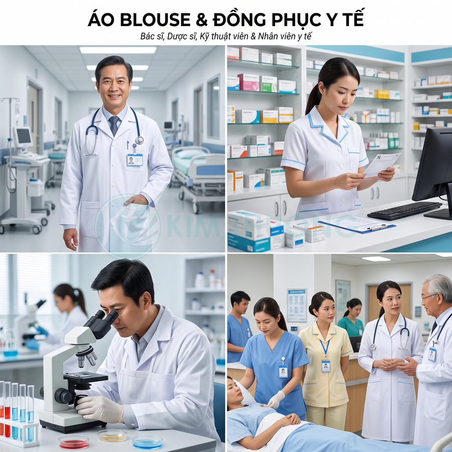 Áo blouse và đồng phục y tế cho bác sĩ, dược sĩ, kỹ thuật viên và điều dưỡng trong bệnh viện hiện đại