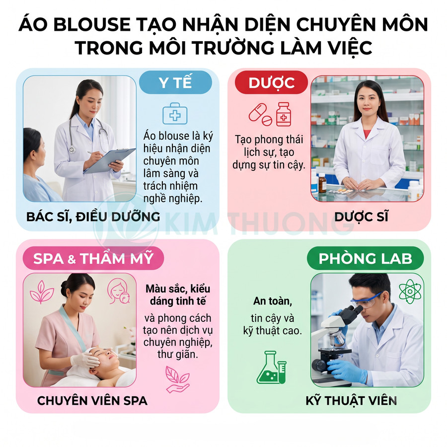 Áo blouse trắng cho bác sĩ, dược sĩ, kỹ thuật viên lab và chuyên viên spa trong môi trường làm việc chuyên nghiệp