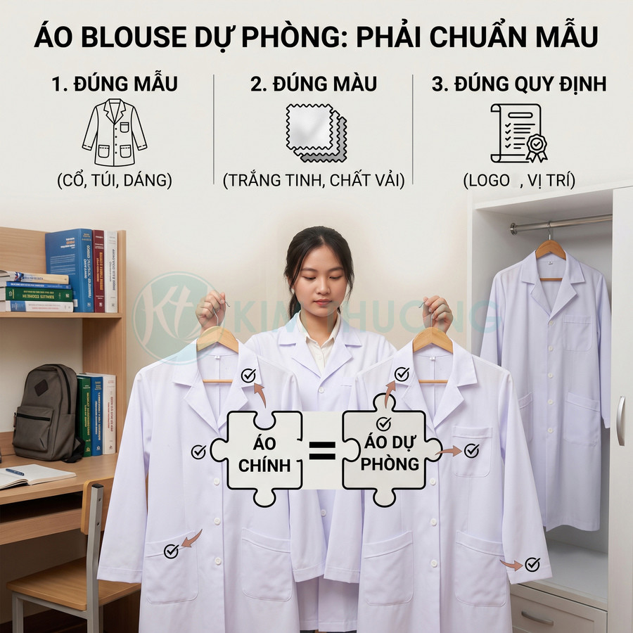Nữ sinh y khoa chọn áo blouse trắng dự phòng chuẩn mẫu với cổ, túi và logo đúng quy định