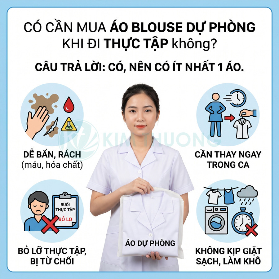 Nữ sinh y khoa mặc áo blouse trắng cầm áo blouse dự phòng, minh họa lý do cần áo blouse khi đi thực tập