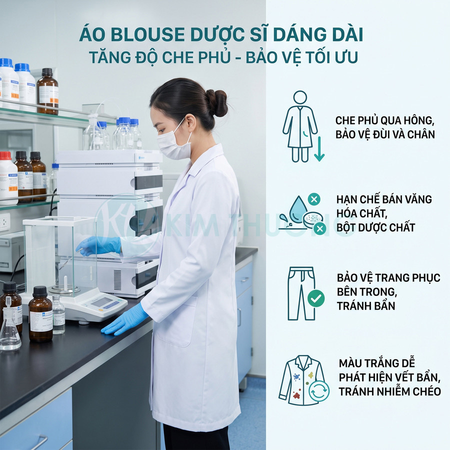Áo blouse dược sĩ dáng dài màu trắng cho nữ, tay dài, mặc trong phòng thí nghiệm, bảo vệ cơ thể và quần áo bên trong