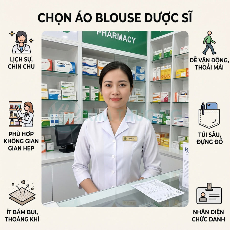 Áo blouse dược sĩ trắng lịch sự cho nhân viên nhà thuốc, chất liệu thoáng khí, dễ vận động, có túi tiện dụng