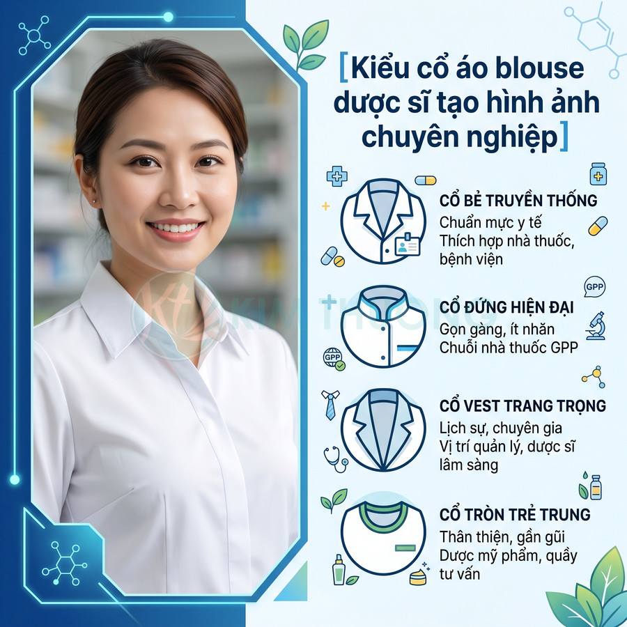 Dược sĩ nữ mặc áo blouse trắng cổ bẻ truyền thống, giới thiệu các kiểu cổ áo blouse dược sĩ chuyên nghiệp