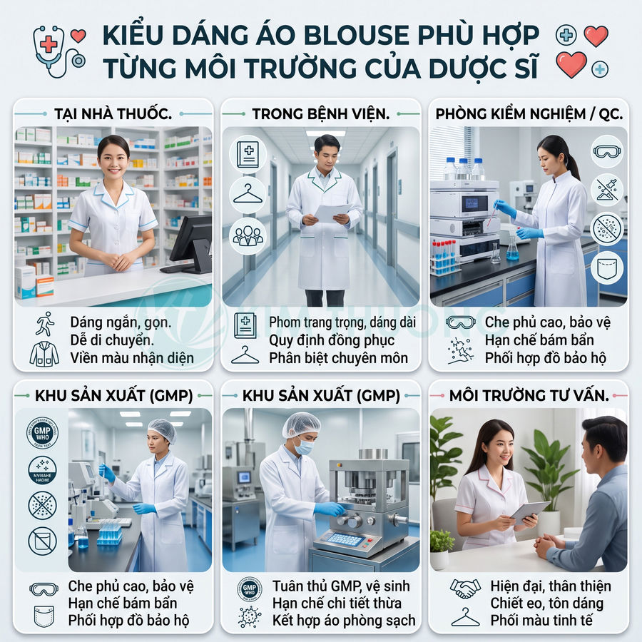 Các kiểu áo blouse dược sĩ cho nhà thuốc, bệnh viện, phòng kiểm nghiệm, khu sản xuất GMP và môi trường tư vấn