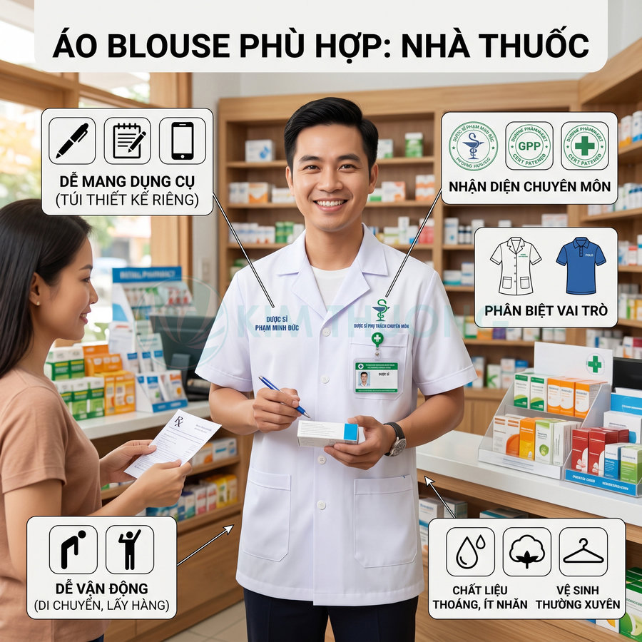 Dược sĩ mặc áo blouse trắng tư vấn thuốc cho khách tại nhà thuốc, áo có túi lớn tiện dụng và bảng tên chuyên môn