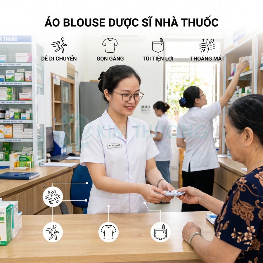 Áo blouse dược sĩ nhà thuốc màu trắng gọn gàng thoáng mát với túi tiện lợi khi tư vấn khách hàng