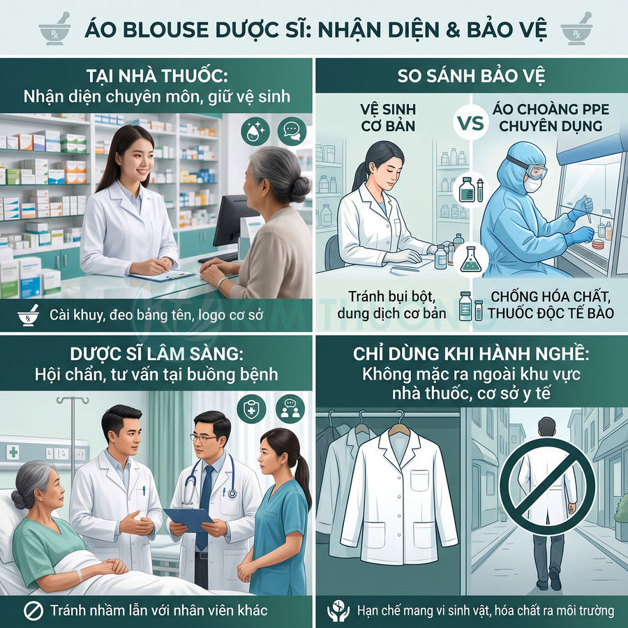Áo blouse dược sĩ màu trắng trong nhà thuốc và bệnh viện, giúp nhận diện chuyên môn và bảo vệ khi hành nghề
