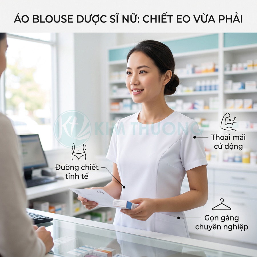 Áo blouse dược sĩ nữ chiết eo vừa phải màu trắng, thiết kế gọn gàng thoải mái trong nhà thuốc