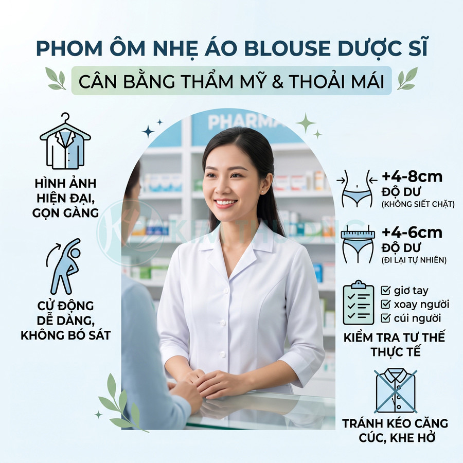 Áo blouse dược sĩ phom ôm nhẹ màu trắng, thiết kế hiện đại gọn gàng giúp cử động thoải mái khi làm việc