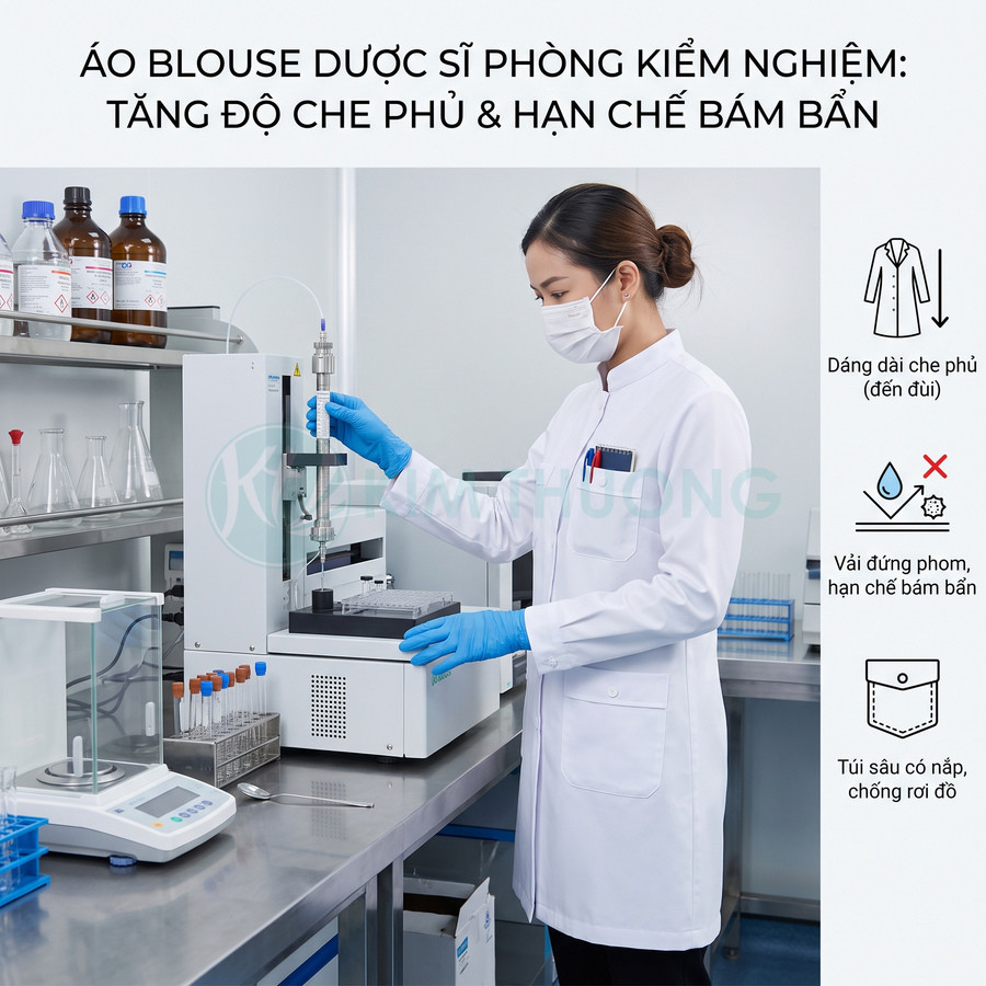 Áo blouse dược sĩ dáng dài màu trắng cho phòng kiểm nghiệm, vải đứng form hạn chế bám bẩn, nhiều túi tiện dụng
