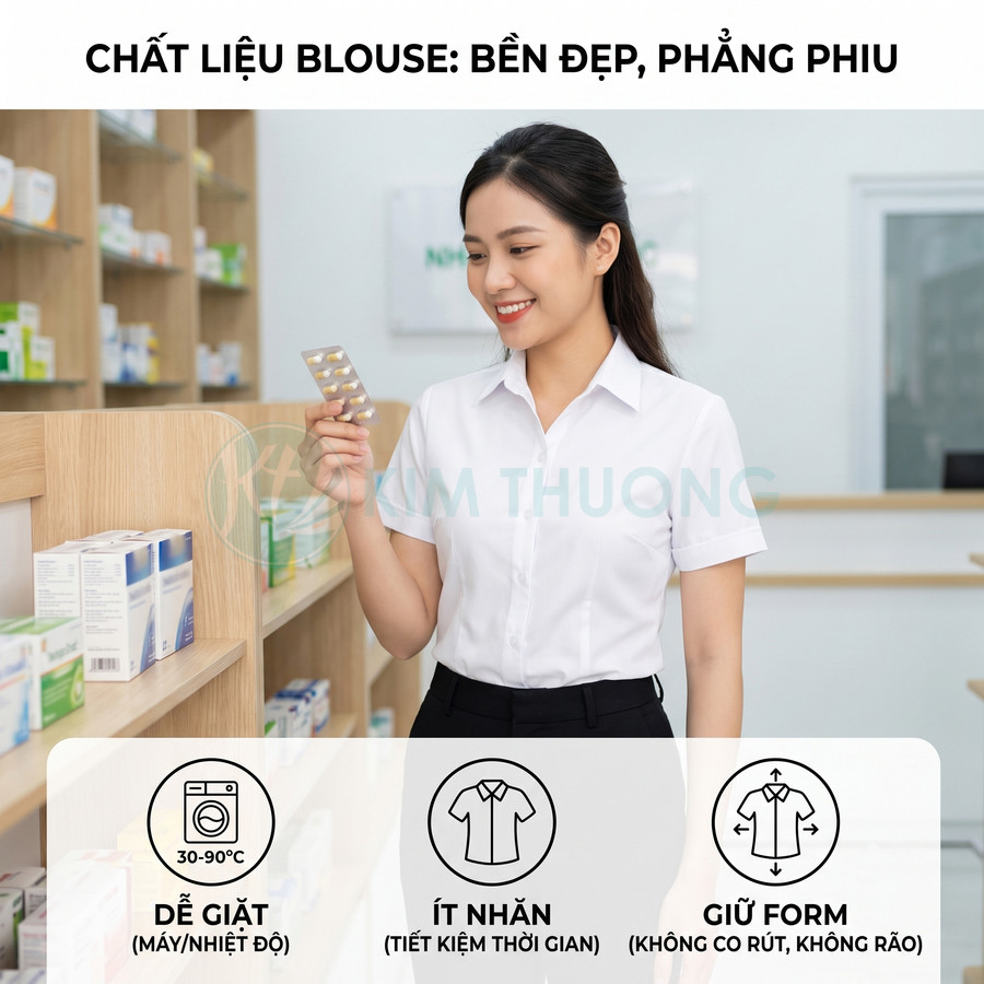 Nữ dược sĩ mặc áo blouse trắng đứng trong nhà thuốc, cầm vỉ thuốc và mỉm cười