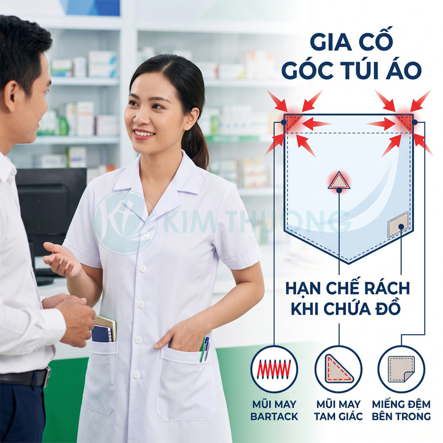 Áo blouse dược sĩ trắng có túi áo được gia cố góc hạn chế rách khi đựng đồ