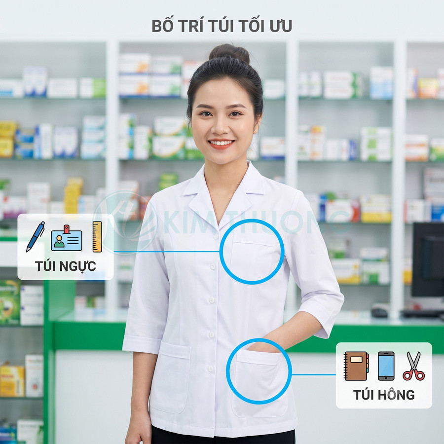 Áo blouse dược sĩ nữ màu trắng tay lửng với túi ngực và túi hông tiện dụng trong nhà thuốc