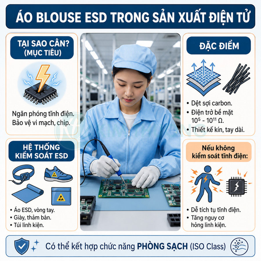 Nhân viên nhà máy điện tử mặc áo blouse ESD màu xanh đang hàn linh kiện trên bảng mạch in