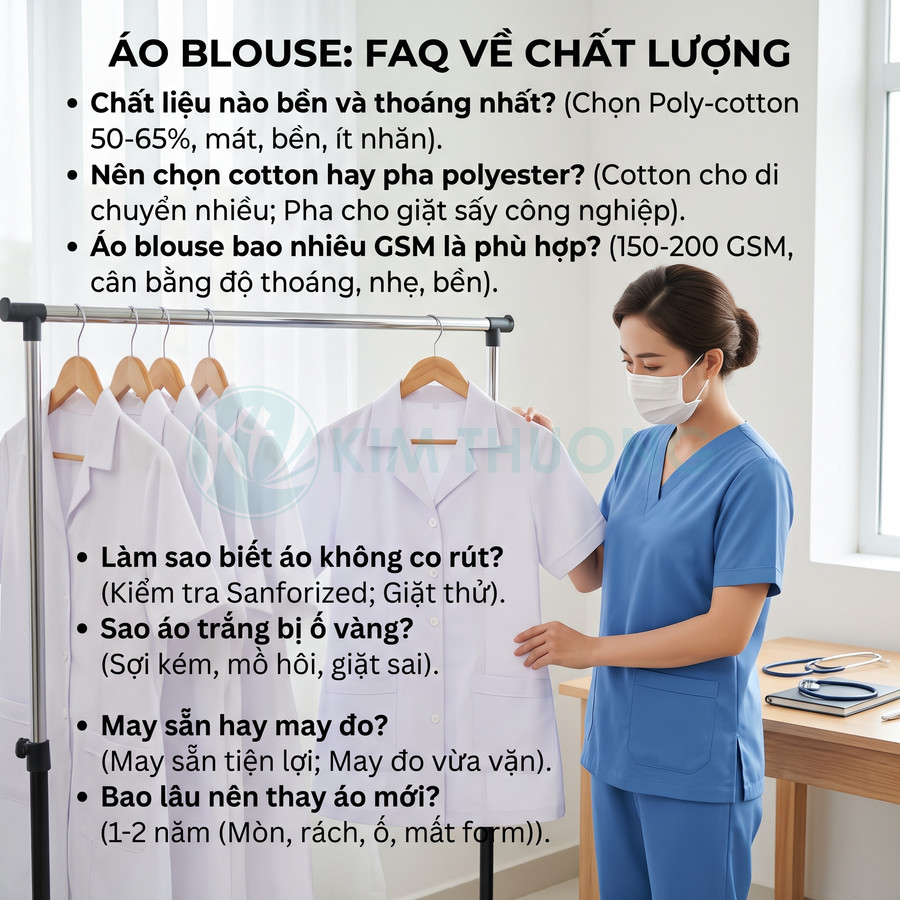 Nhân viên y tế mặc đồ scrubs xanh đang chọn áo blouse trắng treo trên giá trong phòng khám sáng sủa