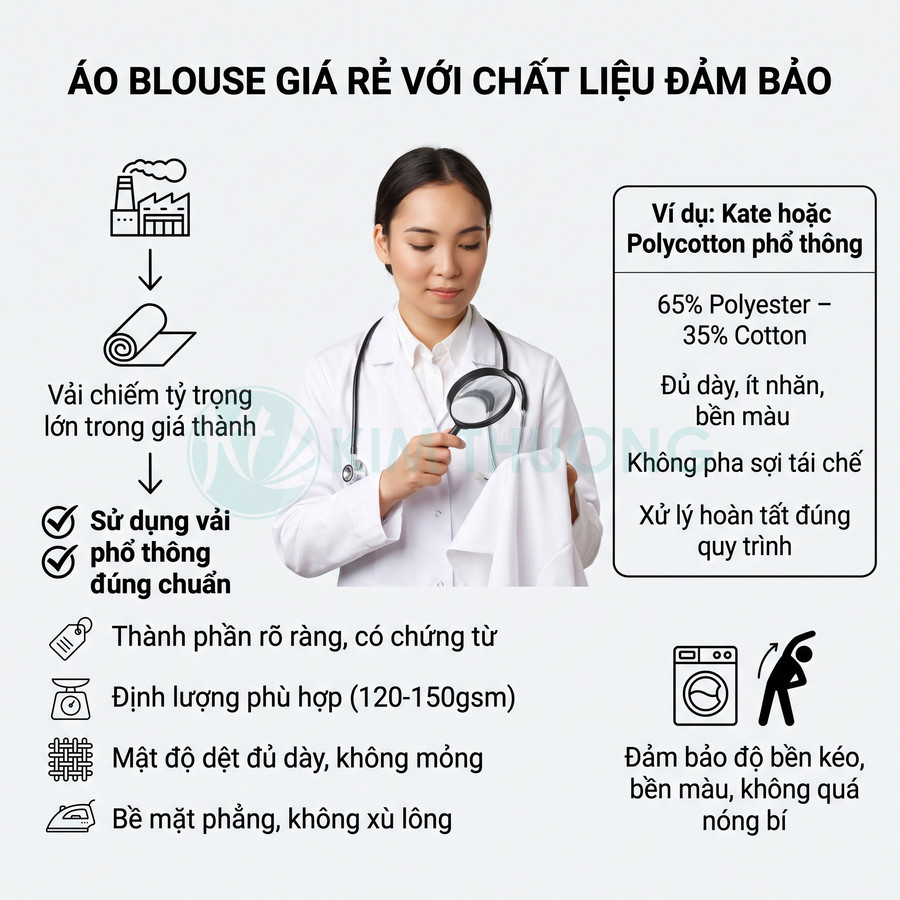 Áo blouse trắng với chất liệu vải dày, ít nhăn, bền màu và thông tin thành phần polycotton phổ thông