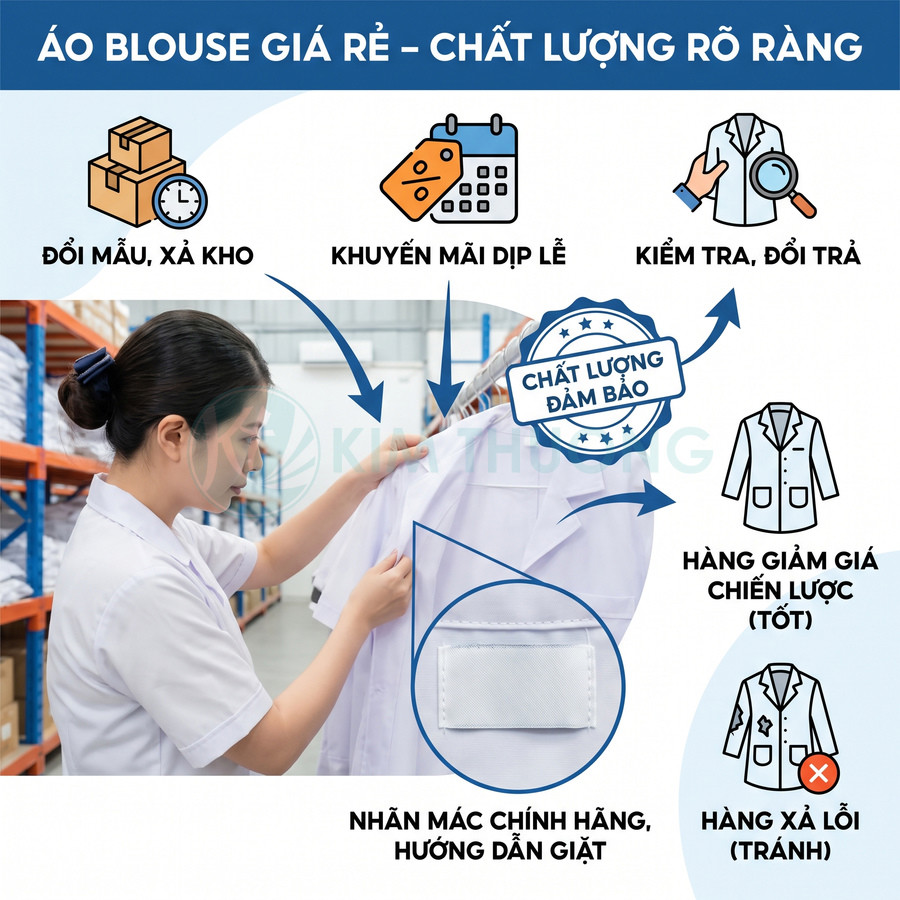 Nhân viên kiểm tra áo blouse trắng có nhãn mác, minh họa chính sách đổi trả và đảm bảo chất lượng sản phẩm