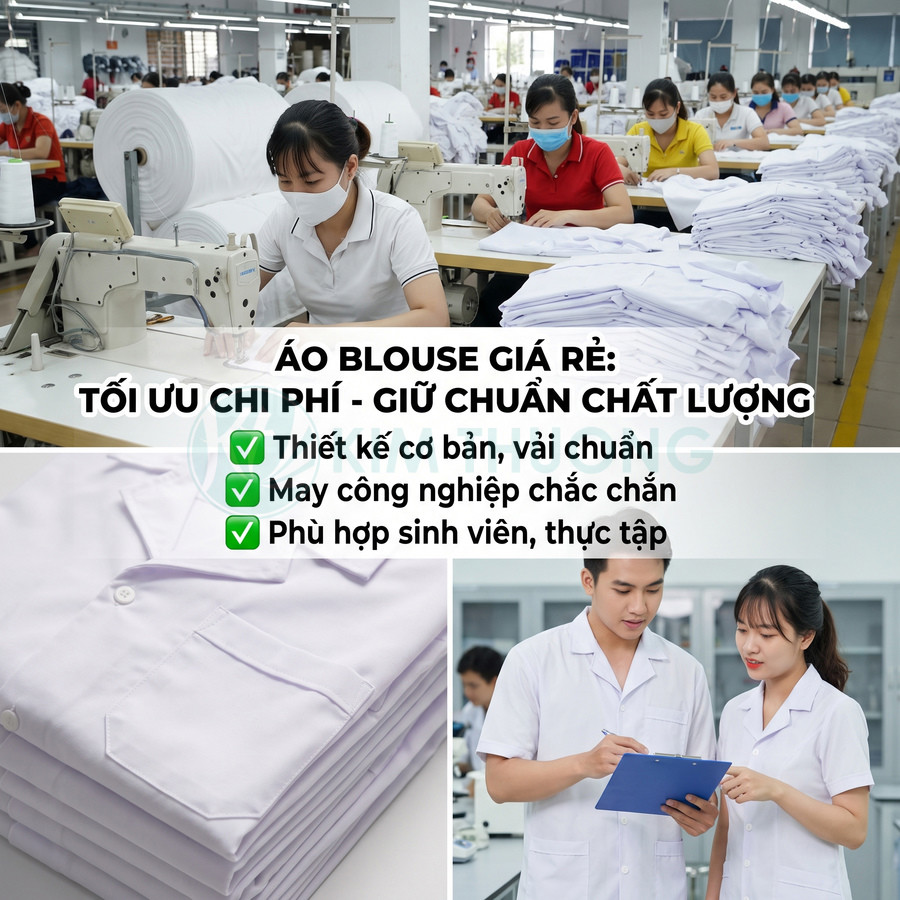 Áo blouse trắng thiết kế cơ bản được may công nghiệp, phù hợp cho sinh viên và người đi thực tập