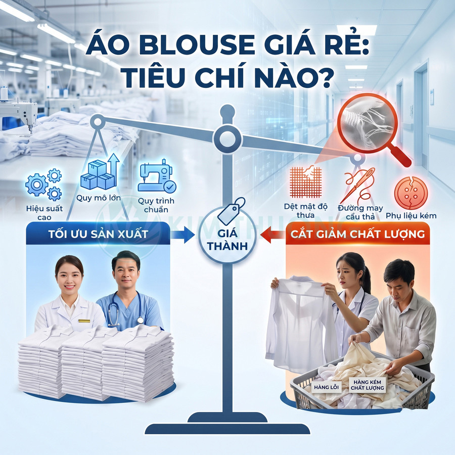 Áo blouse trắng giá rẻ được sản xuất tối ưu hoặc giảm chất lượng vải, đường may và phụ liệu
