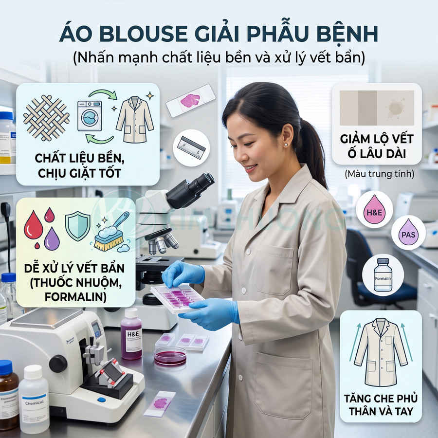 Áo blouse giải phẫu bệnh màu trung tính, chất liệu bền dễ giặt, chống bám bẩn, nữ kỹ thuật viên mặc trong phòng thí nghiệm