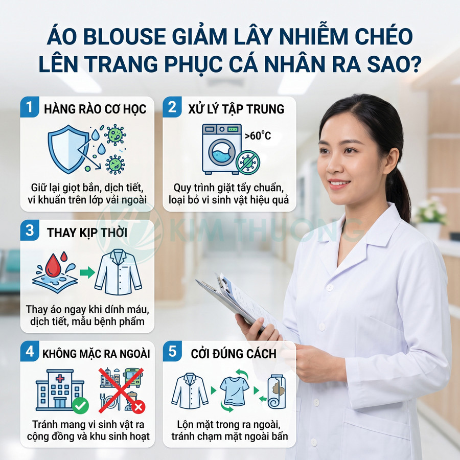 Nữ nhân viên y tế mặc áo blouse trắng cầm hồ sơ, minh họa lợi ích áo blouse giảm lây nhiễm chéo