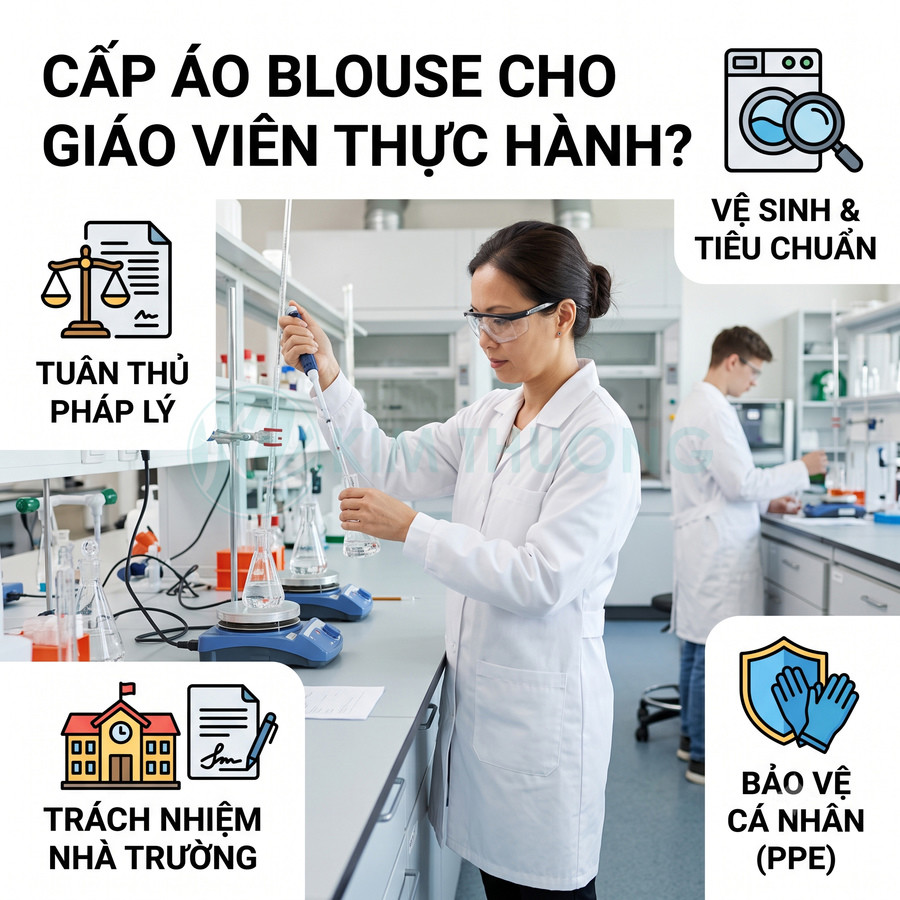 Giáo viên thực hành mặc áo blouse trắng và kính bảo hộ làm thí nghiệm trong phòng lab hiện đại