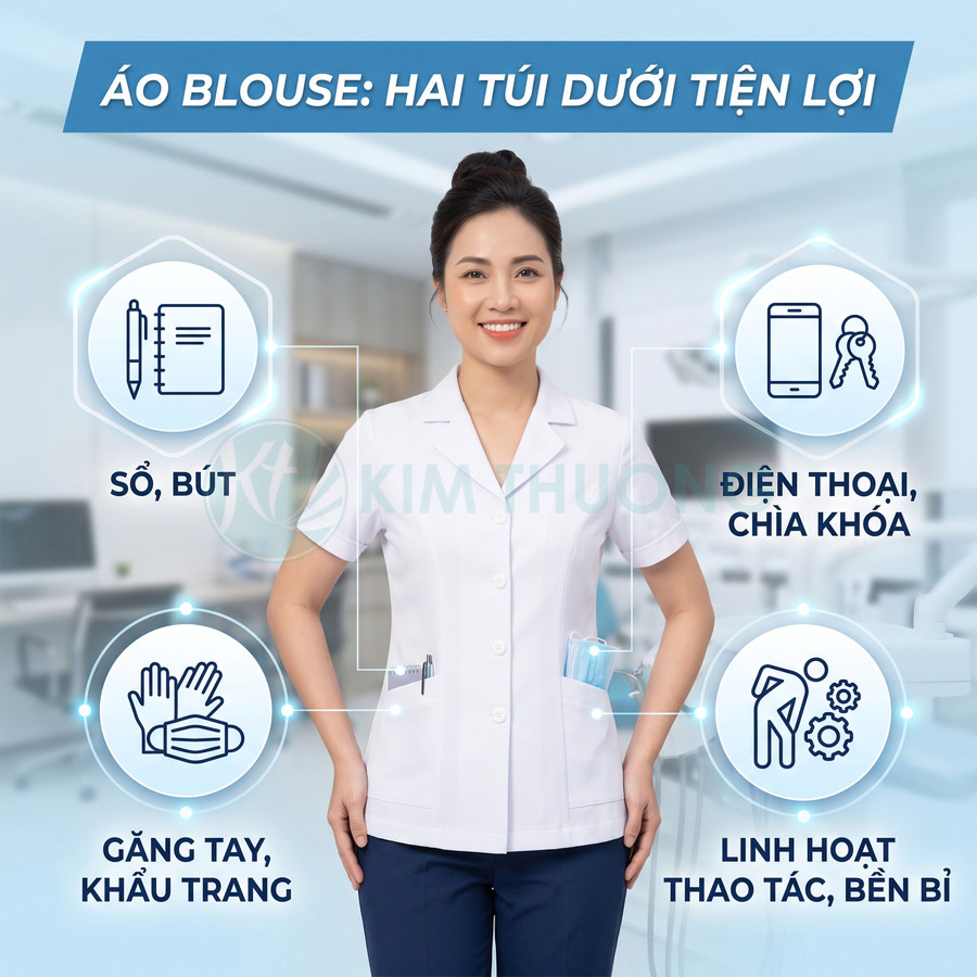 Áo blouse y tế nữ màu trắng hai túi dưới tiện lợi đựng sổ bút điện thoại găng tay khẩu trang