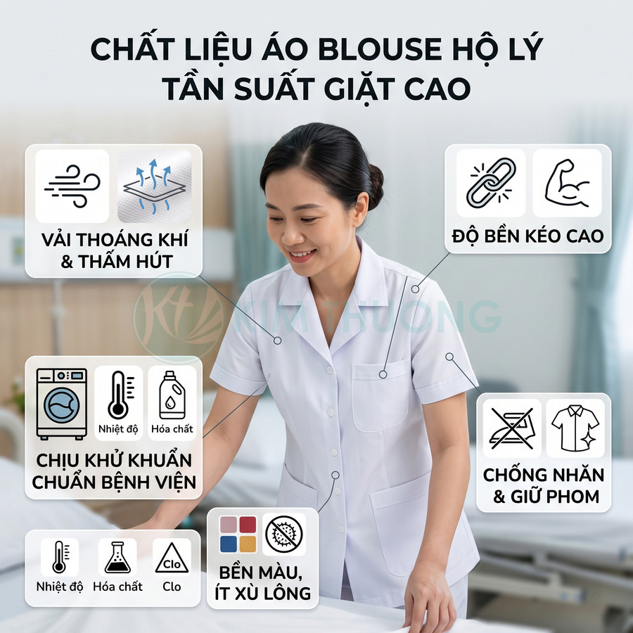 Áo blouse hộ lý màu trắng vải thoáng khí bền màu, chống nhăn, chịu khử khuẩn và giặt tần suất cao