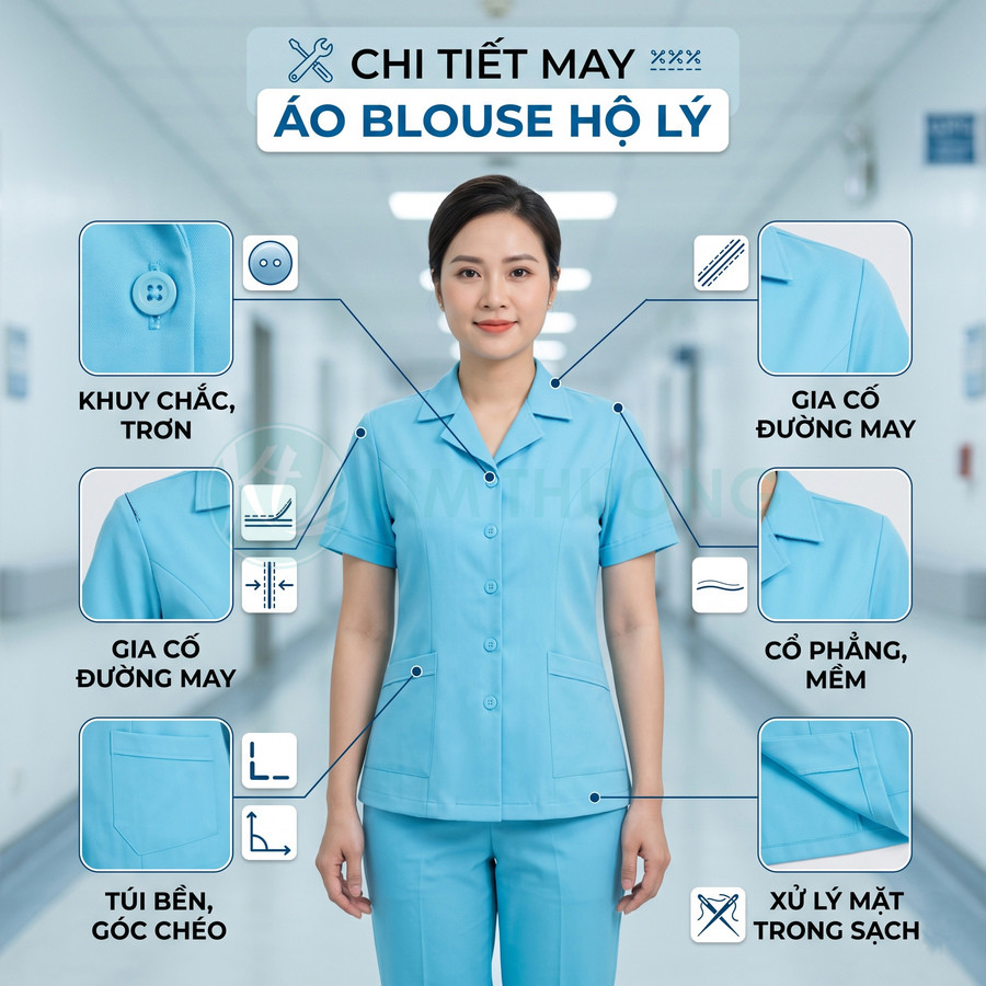 Áo blouse hộ lý màu xanh dương cho nữ, cổ ve phẳng, khuy tròn chắc chắn, túi bên góc chéo, đường may gia cố