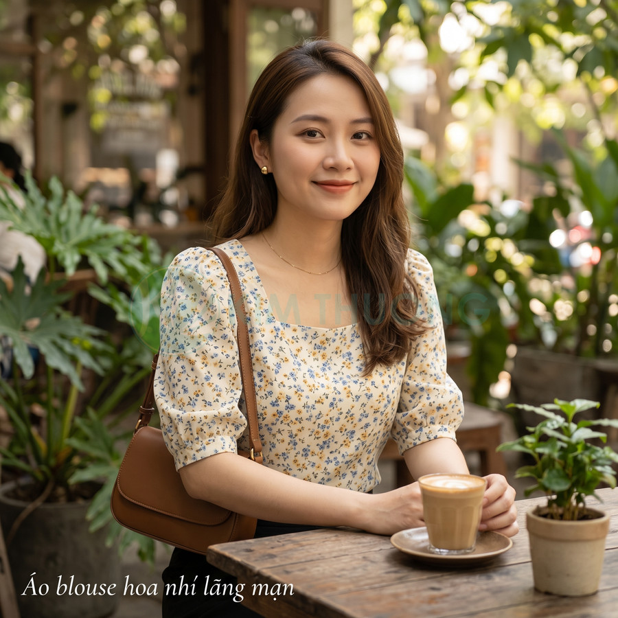 Áo blouse hoa nhí tay phồng màu vàng kem phong cách nữ tính dịu dàng ngoài quán cà phê
