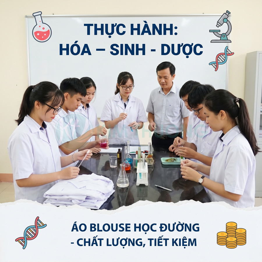 Áo blouse học đường màu trắng cho học sinh thực hành trong phòng thí nghiệm hóa sinh dược