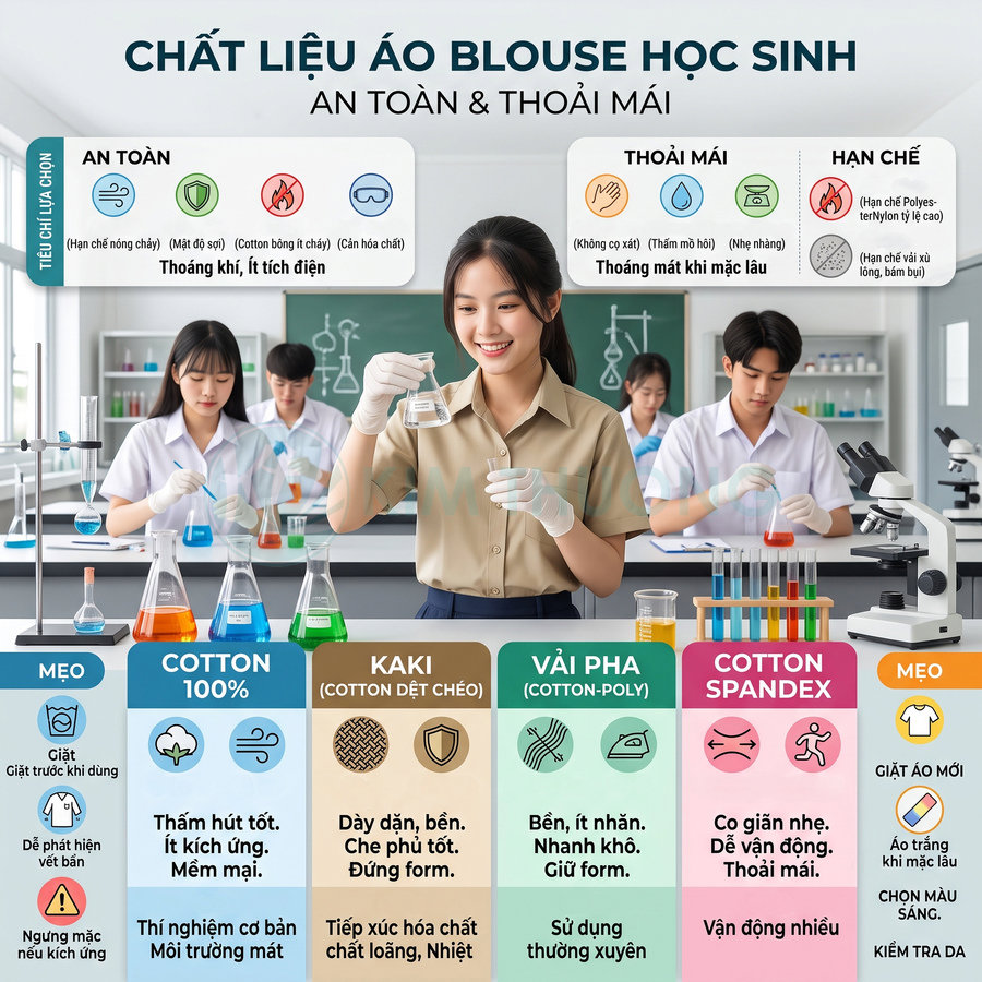 Các chất liệu áo blouse học sinh gồm cotton 100%, kaki, vải pha cotton poly và cotton spandex